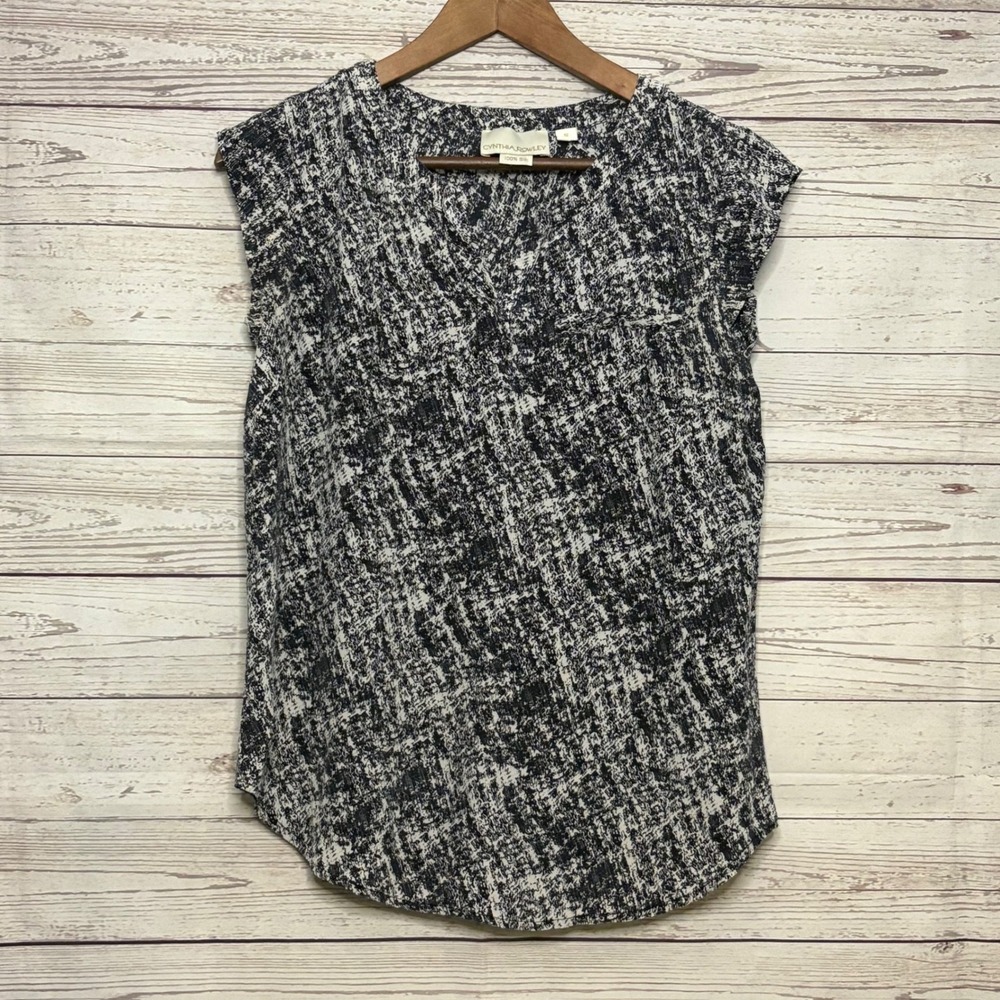 Cynthia Rowley 100% Silk Abstract Print V-Neck Cap Sleeve Blouse Small‎